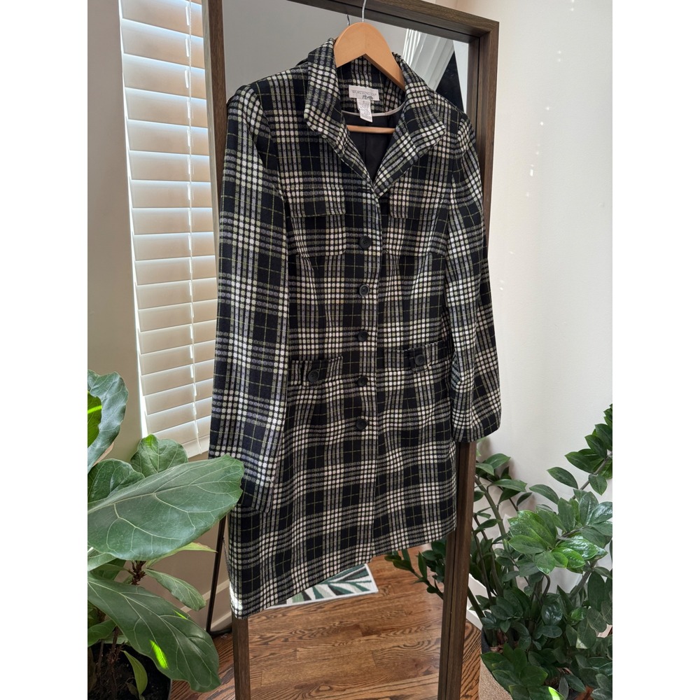WORTHINGTON Womens Plaid Blazer Jacket Black Green White Button Front Size 6